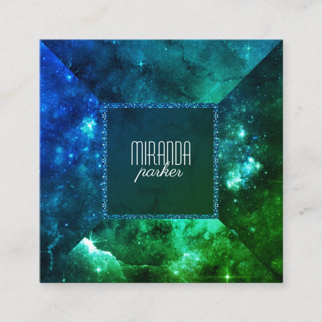 Green Blue Starfield Stardust Galaxy Square Square Business Card (Front)