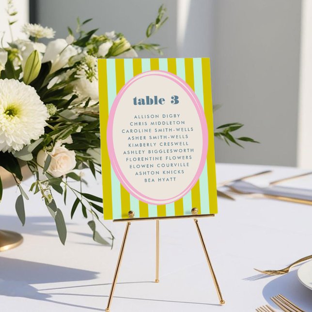 Green Blue Stripe Bold Bright Table Seating Chart (Green Blue Stripe Bold Bright Wedding Table Seating Chart Card)