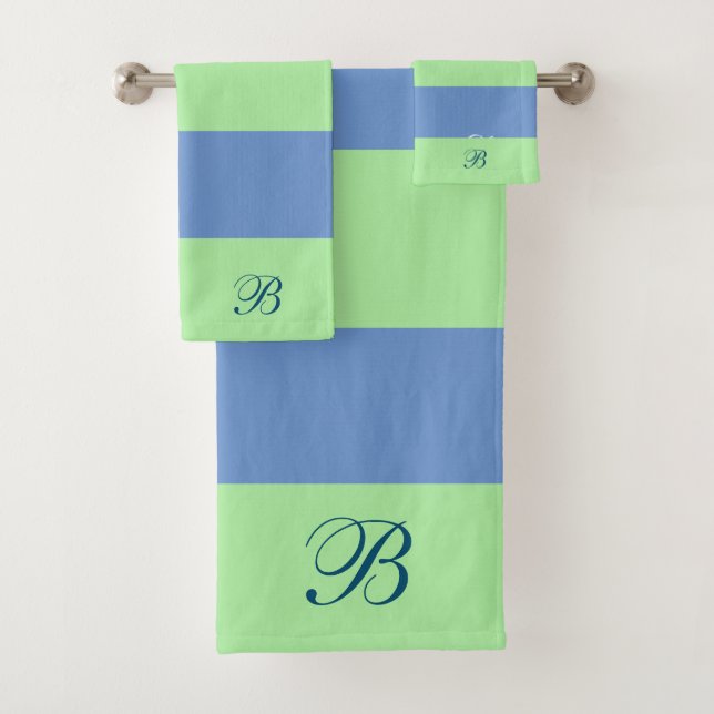 Green & Blue Stripes Monogram Bath Towel Set (Insitu)