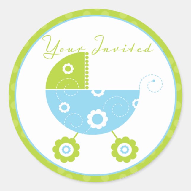 Green & Blue Stroller Your Invited Classic Round Sticker (Front)