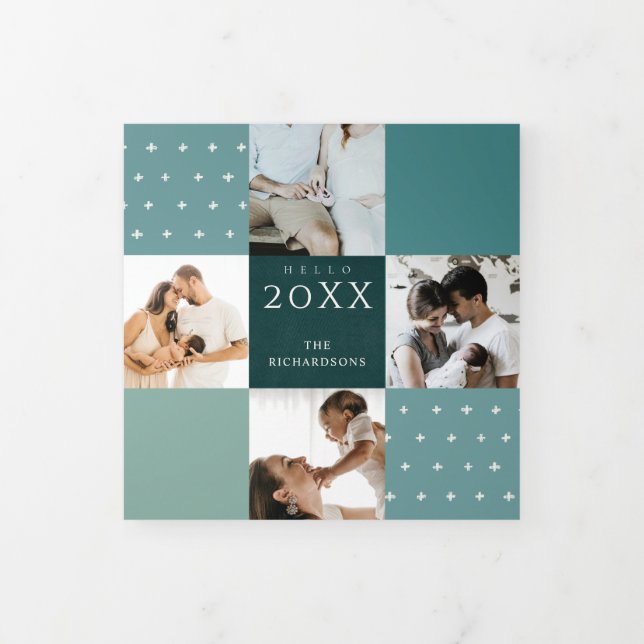 Green Blue Teal Plaid 7 Photo Hello 2022 New Year Tri-Fold Holiday Card (Cover)