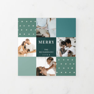 Green Blue Teal Plaid 7 Photo Merry Christmas Tri-Fold Holiday Card
