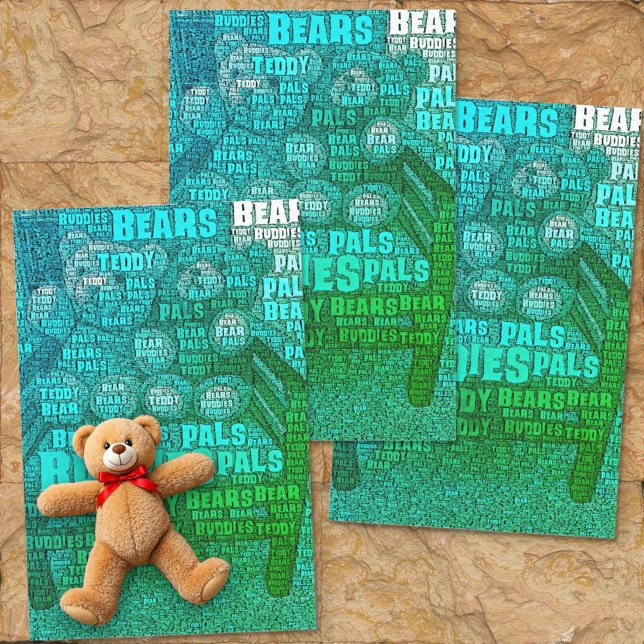 Green Blue Teddy Bear Friends Embedded Word Cloud Tissue Paper (tissue paper teddy bear word cloud)
