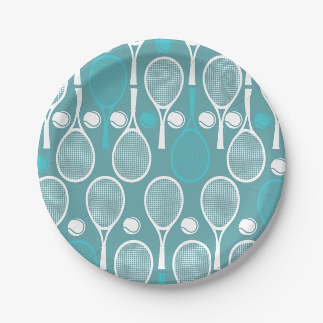 Green Blue Tennis Racket Pattern Player Birthday Paper Plate (Front)