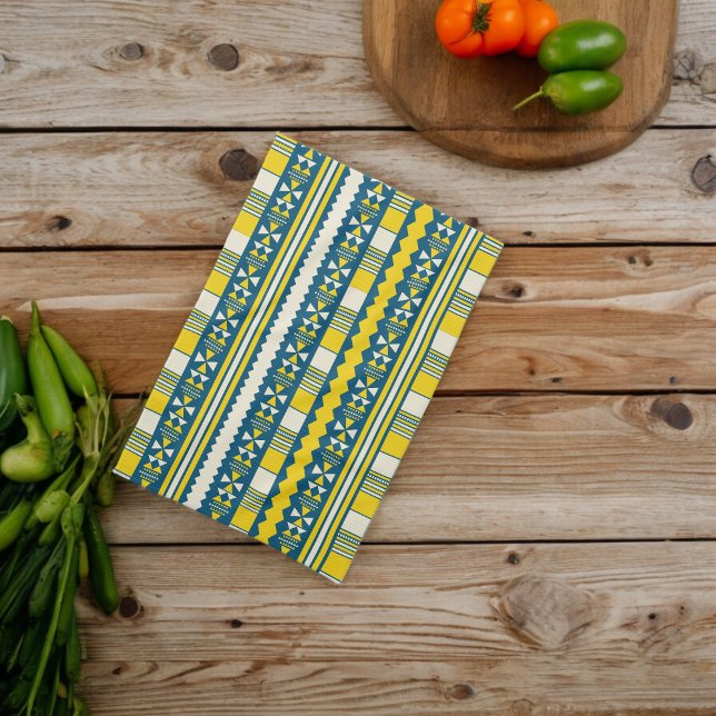 Green Blue Traditional Tribal Pattern Tea Towel (Kitchen Towel)