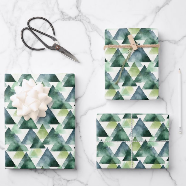 Green & Blue Triangles on White Wrapping Paper Sheet (Front)