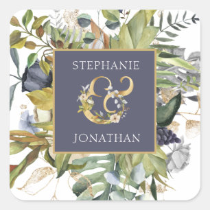 Green & Blue Tropical Greenery with Gold Ampersand Square Sticker