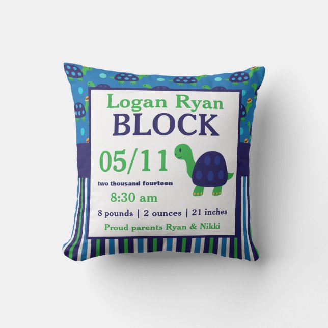 Green Blue Turtel Baby Announcement Pillow (Front)