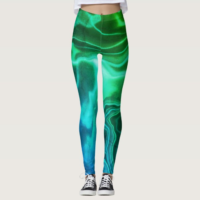 Green & Blue Water Marbled Spandex Leggings (Front)