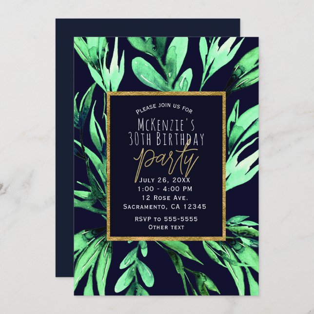 Green Blue Watercolor Botanical Glam Party Invitation (Front/Back)