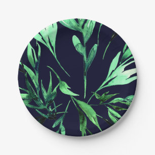 Green Blue Watercolor Botanical Glam Wedding Party Paper Plate