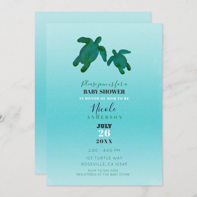 Green Blue Watercolor Ocean Turtles BABY SHOWER Invitation (Front/Back)