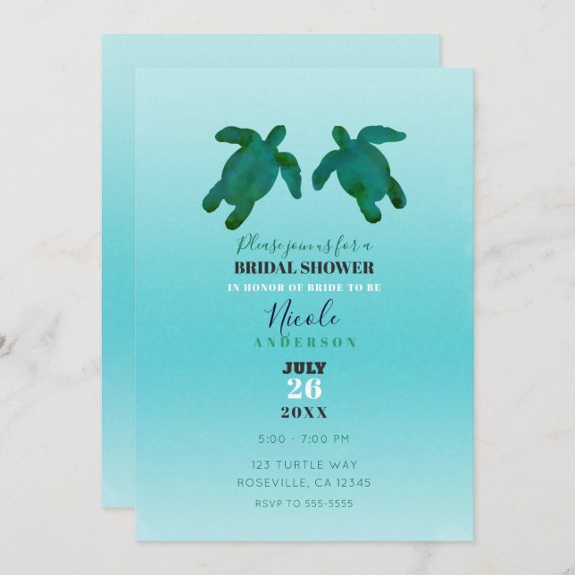 Green Blue Watercolor Ocean Turtles Bridal Shower Invitation (Front/Back)