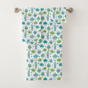 Green & Blue Watercolor Succulent Pattern Bath Towel Set