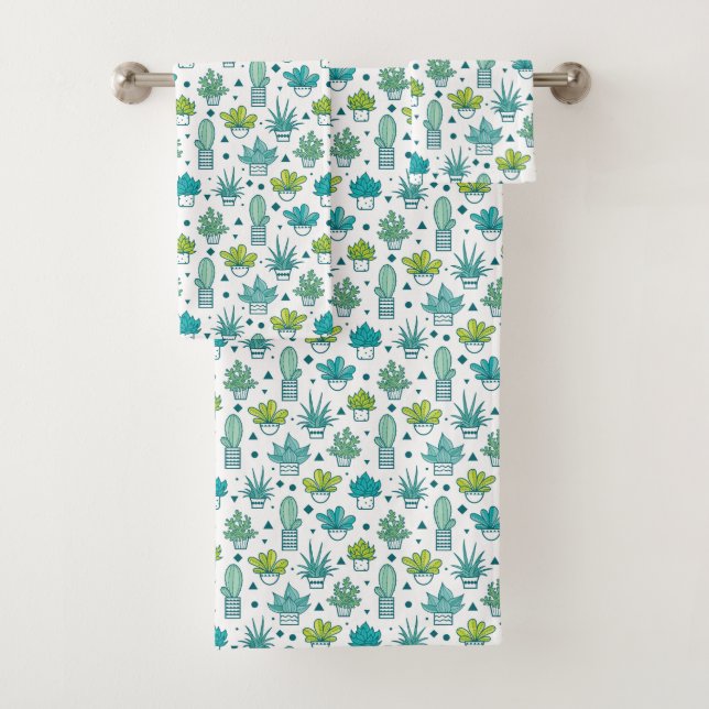 Green & Blue Watercolor Succulent Pattern Bath Towel Set (Insitu)