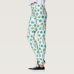 Green & Blue Watercolor Succulent Pattern Leggings