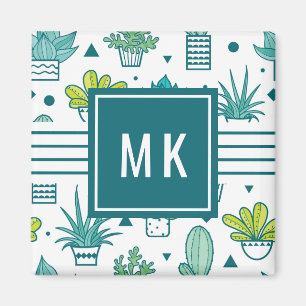 Green & Blue Watercolor Succulent Pattern Magnet