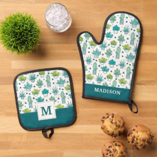 Green & Blue Watercolor Succulent Pattern Oven Mitt & Pot Holder Set