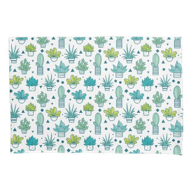 Green & Blue Watercolor Succulent Pattern Pillowcase (Front-Left)