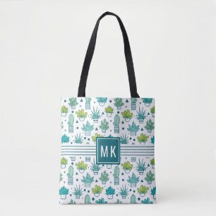 Green & Blue Watercolor Succulent Pattern Tote Bag