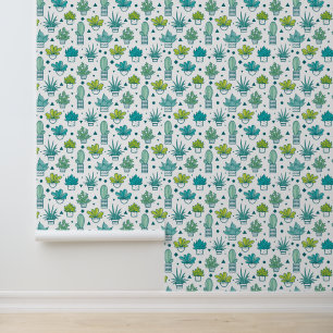 Green & Blue Watercolor Succulent Pattern Wallpaper