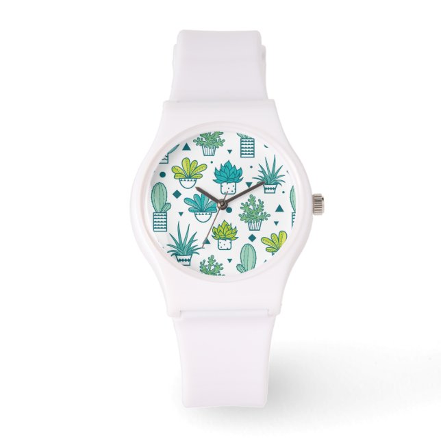 Green & Blue Watercolor Succulent Pattern Watch (Front)