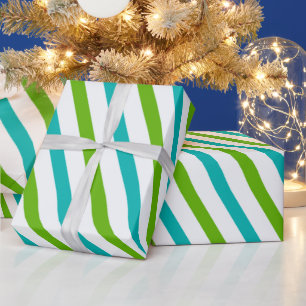 Green Blue White Stripes Modern Christmas Wrapping Paper
