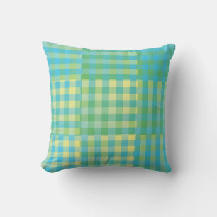 Green Blue Yellow Chequered Patchwork Pattern Cushion