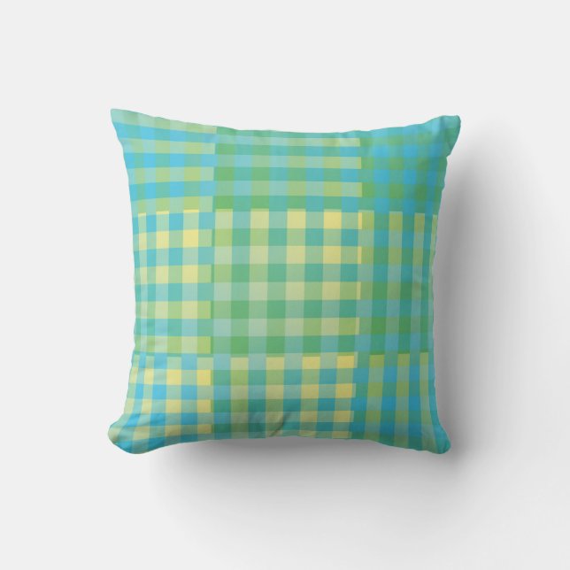 Green Blue Yellow Chequered Patchwork Pattern Cushion (Front)