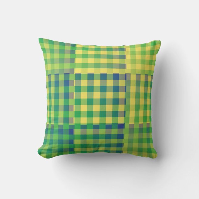 Green Blue Yellow Chequered Patchwork Pattern Cushion (Front)