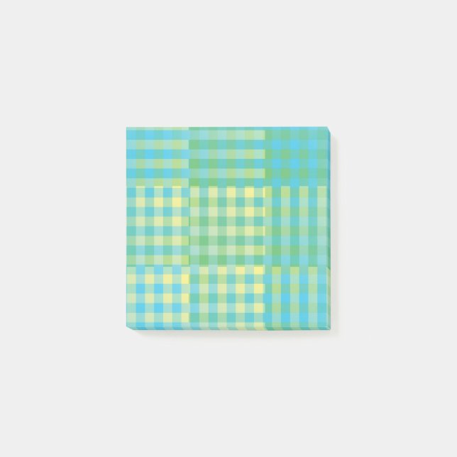 Green Blue Yellow Chequered Patchwork Pattern Post-it Notes (Front)