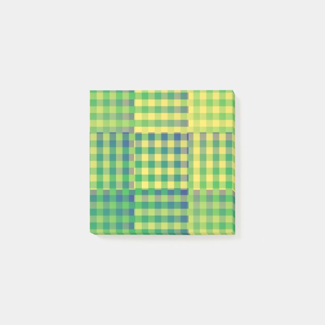 Green Blue Yellow Chequered Patchwork Pattern Post-it Notes (Front)
