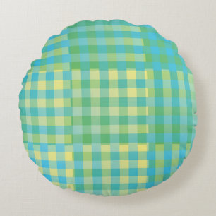 Green Blue Yellow Chequered Patchwork Pattern Round Cushion