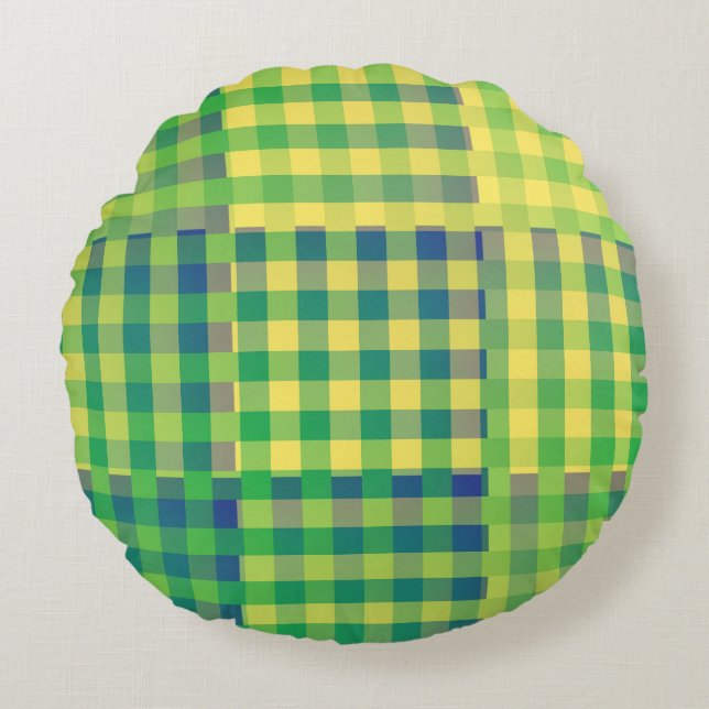 Green Blue Yellow Chequered Patchwork Pattern Round Cushion (Front)