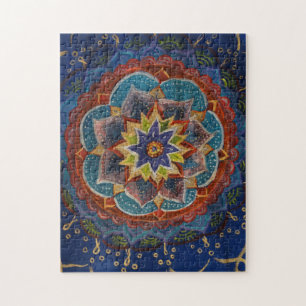 Green, Blue, Yellow Mandala Painting Jigsaw Puzzle