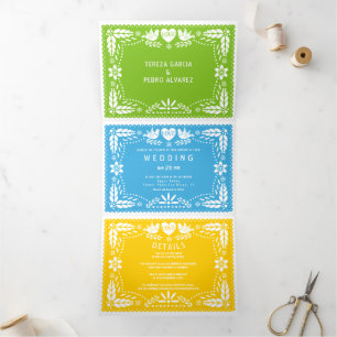 Green, blue yellow papel picado lovebirds wedding Tri-Fold invitation
