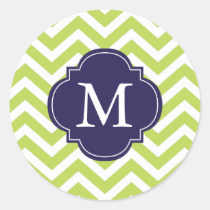 Green & Blue Zigzags Pattern Monogram Classic Round Sticker