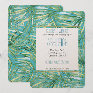 Green BlueTropical Watercolor Leaves Birthday Invitation