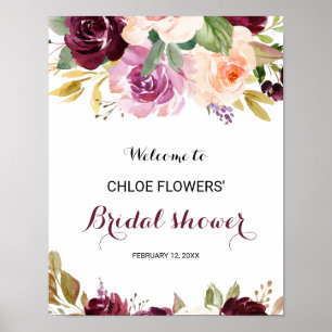 Green Blush Burgundy Floral Bridal Shower Welcome Poster