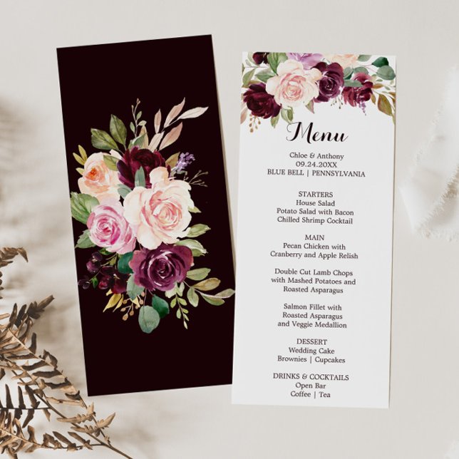 Green Blush Burgundy Floral Dinner Menu Card (Creator Uploaded)