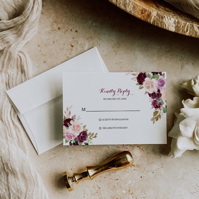 Green Blush Burgundy Floral Rsvp Card (Creator Uploaded)