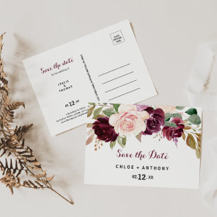 Green Blush Burgundy Floral Save the Date Postcard