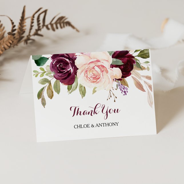 Green Blush Burgundy Floral Thank You Card (Creator Uploaded)