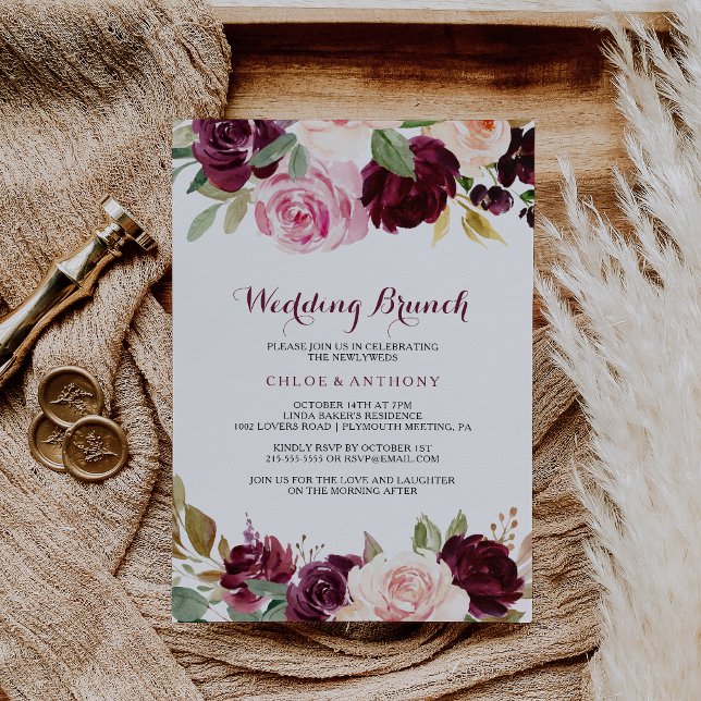 Green Blush Burgundy Floral Wedding Brunch Invitation (Creator Uploaded)