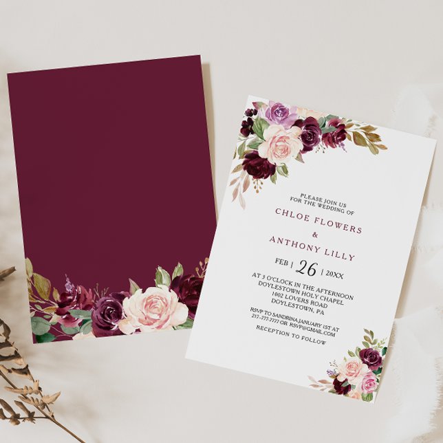Green Blush Burgundy Floral Wedding Invitation (Creator Uploaded)