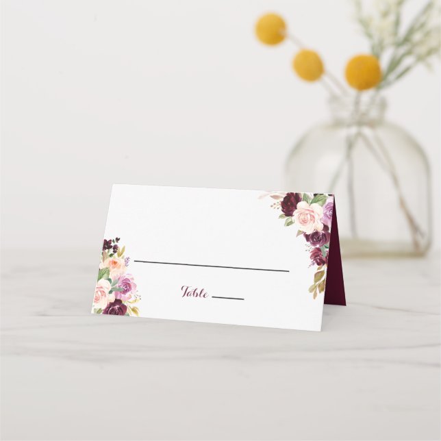 Green Blush Burgundy Floral Wedding Place Card (Front)