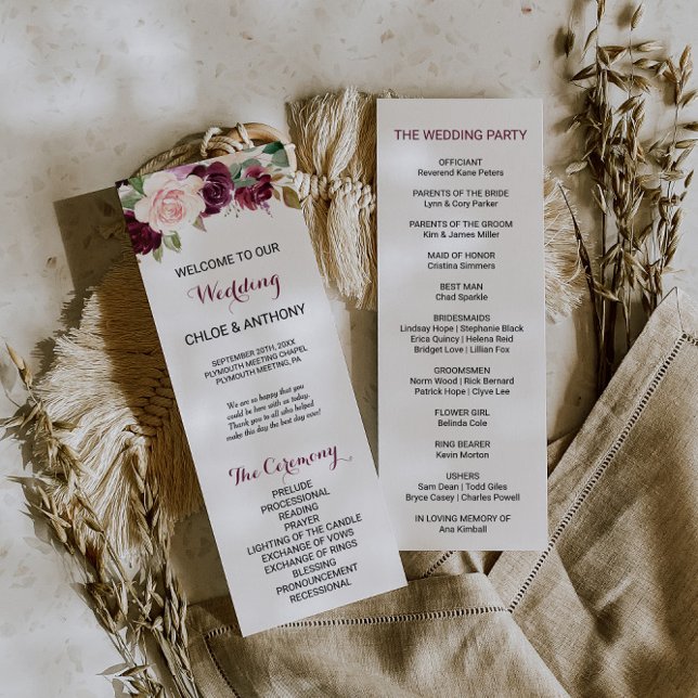 Green Blush Burgundy Floral Wedding Program (Creator Uploaded)