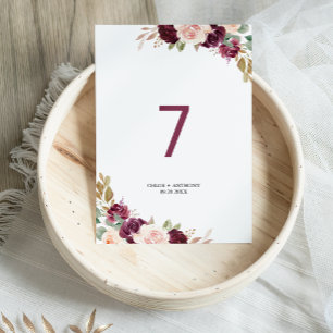 Green Blush Burgundy Floral Wedding Table Number