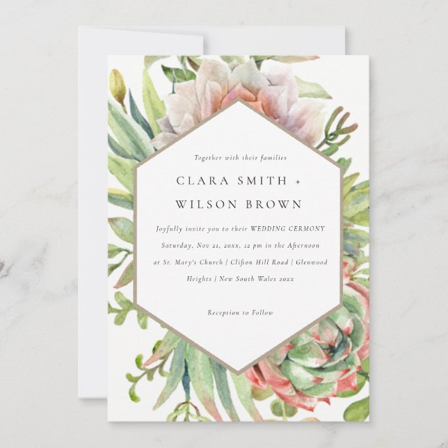 GREEN BLUSH DESERT SUCCULENT CACTI FOLIAGE WEDDING INVITATION (Front)