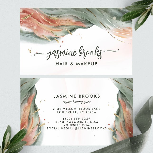 Green Blush Pink And Gold Elegant Brushstroke  Business Card (Creator Uploaded)